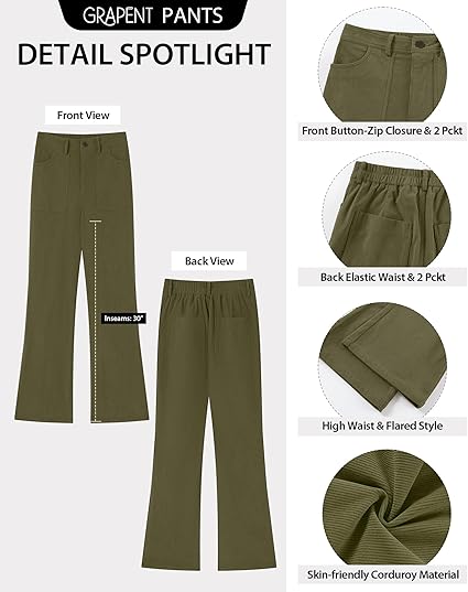 GRAPENT Corduroy Pants for Women Flare High Waisted Fall Winter Elastic Waist Stretchy Work Casual Trendy Wide Leg Pants