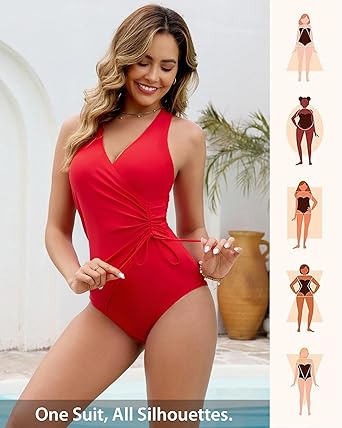 GRAPENT StrapCore One Piece Swimsuit Women V Neck Side Ruched Padded Cute Modest Bathing Suits Swimsuits Beach Vacation Swimwear