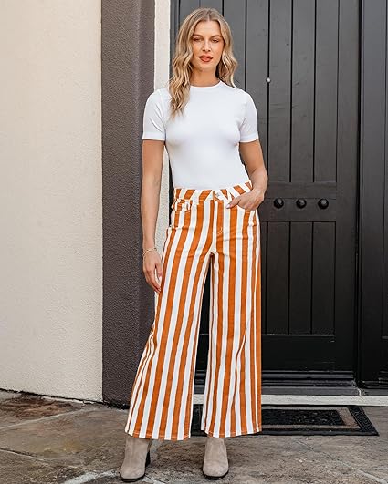 GRAPENT Women Jeans Striped Wide Leg High Waisted Trendy Stretchy Denim Pants Cute Casual Trouser Jeans with Pockets
