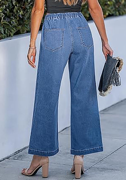 GRAPENT Wide Leg Jeans for Women Trendy High Waisted Drawstring Tie Elastic Waist Stretchy Denim Pants Trouser Jeans