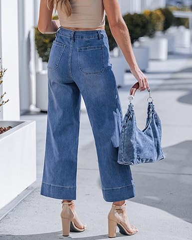 GRAPENT Wide Leg Jeans for Women Cropped Trendy High Waisted Welt Pocket Stretchy Denim Pants Distressed Trouser Jeans