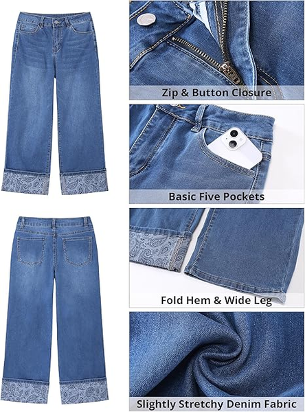Grapent Women's High Waisted Cropped Wide Leg Jeans Trendy Printed Design Fold Hem Loose Straight Leg Stretchy Denim Pants Casual Daily Fashion Trousers