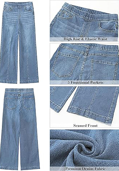 GRAPENT Pull On Womens Jeans Baggy Stretchy High Waisted Denim Wide Leg Trouser Pants Trendy Front Seam 90s Loose Jean