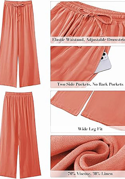 GRAPENT Wide Leg Pants Woman Linen High Waisted Pull On Flowy Casual Baggy Drawstring Palazzo Trousers Pants Resort Wear