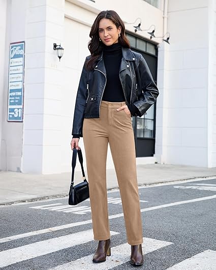 GRAPENT Corduroy Pants for Women High Wasited Straight Leg Elastic Waist Stretchy Casual Work Pants Fall Winter Trousers