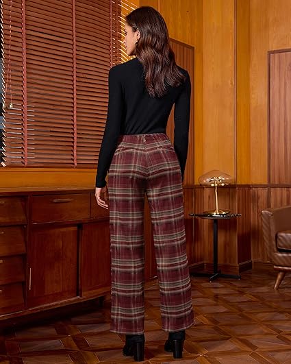 GRAPENT Plaid Pants for Women Wide Leg High Waisted Tartan Work Business Casual Elastic Waist Trousers Pants with Pocket