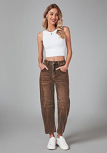 GRAPENT Barrel Jeans for Women Trendy High Waisted Wide Leg Baggy Cropped Relax Fit Stretch Denim Trouser Ankle Pants