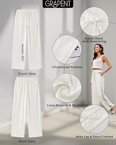 GRAPENT Linen Pants Women Wide Leg High Waisted Crochet Panel Pull On Elastic Waist Casual Summer Beach Vacation Pants