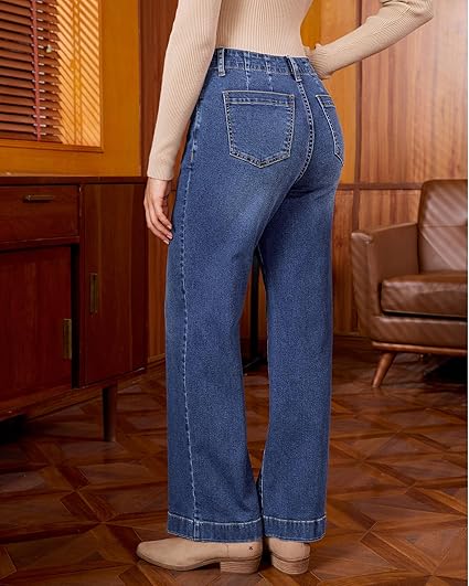 GRAPENT Wide Leg Jeans Woman High Waisted Trendy Stretchy Denim Pants Classic Trouser Jeans with Slash Pockets
