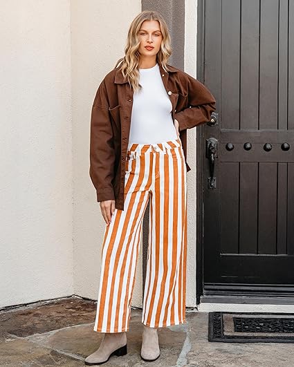 GRAPENT Women Jeans Striped Wide Leg High Waisted Trendy Stretchy Denim Pants Cute Casual Trouser Jeans with Pockets