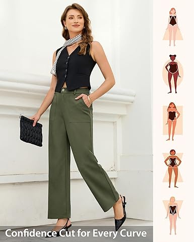GRAPENT Wide Leg Dress Pants Women Business Casual High Waisted Elastic Waist Stretchy Work Trousers Pants with Pockets