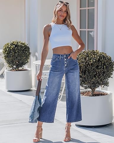 GRAPENT Wide Leg Jeans for Women Cropped Trendy High Waisted Button Fly Loose Straight Leg Stretchy Denim Trouser Jeans