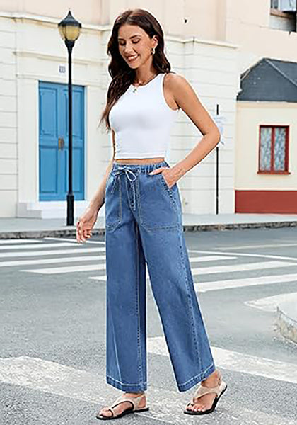 GRAPENT Wide Leg Jeans for Women Trendy High Waisted Drawstring Tie Elastic Waist Stretchy Denim Pants Trouser Jeans
