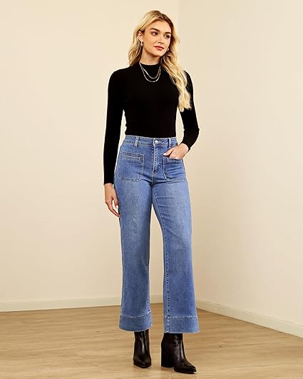 GRAPENT Wide Leg Jeans Woman Trendy High Waisted Patch Pocket Stretchy Denim Pants Vintage Casual Trouser Jeans