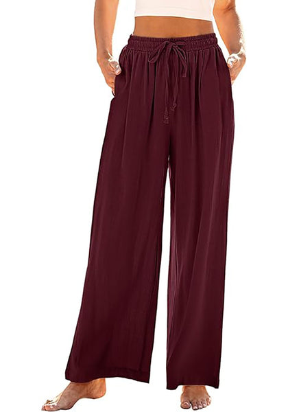 GRAPENT Wide Leg Pants Woman Linen High Waisted Pull On Flowy Casual Baggy Drawstring Palazzo Trousers Pants Resort Wear