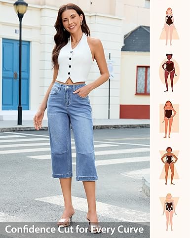 GRAPENT Capri Jeans for Women Mid Rise Straight Leg Casual Relaxed Fit Summer Cropped Stretchy Denim Capris Pants