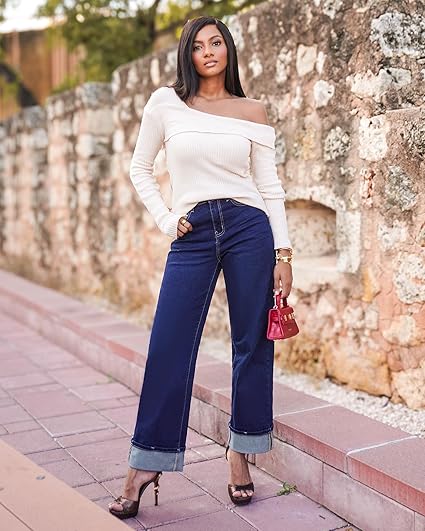 GRAPENT Wide Leg Jeans for Women Trendy High Waisted Cuffed Hem Stretchy Denim Trousers Pants Work Casual Jeans