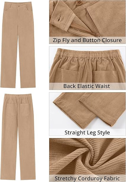 GRAPENT Corduroy Pants for Women High Wasited Straight Leg Elastic Waist Stretchy Casual Work Pants Fall Winter Trousers