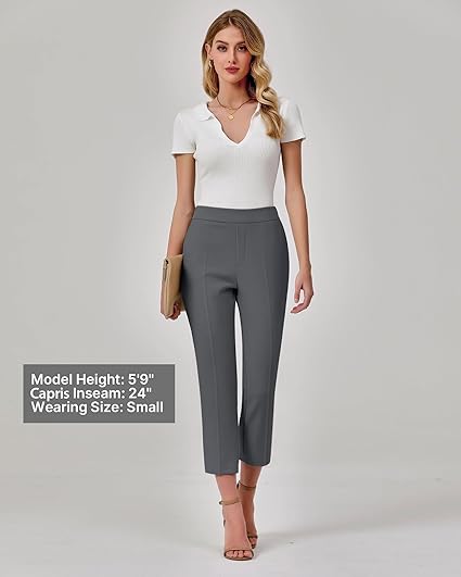 GRAPENT Capri Pants for Women High Waisted Pull On Dress Pants Slim Straight Leg Stretchy Waist Capris Trousers Pants