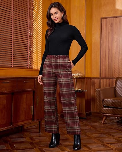 GRAPENT Plaid Pants for Women Wide Leg High Waisted Tartan Work Business Casual Elastic Waist Trousers Pants with Pocket