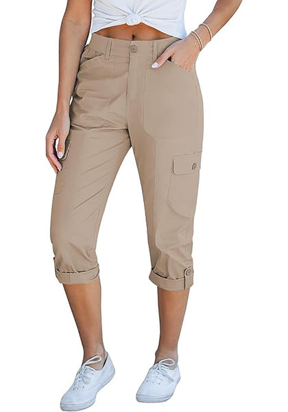 GRAPENT Cargo Capri Pants for Women High Waisted Relaxed Fit Elastic Knit Waist Casual Capris Trousers Cropped Pants