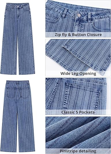 GRAPENT Striped Jeans for Women Trendy High Waisted Wide Leg Dressy Casual Stretchy Denim Pants Trouser Jeans