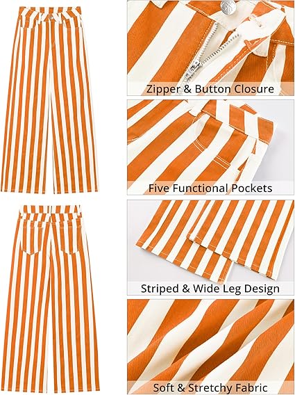 GRAPENT Women Jeans Striped Wide Leg High Waisted Trendy Stretchy Denim Pants Cute Casual Trouser Jeans with Pockets