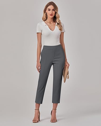 GRAPENT Capri Pants for Women High Waisted Pull On Dress Pants Slim Straight Leg Stretchy Waist Capris Trousers Pants