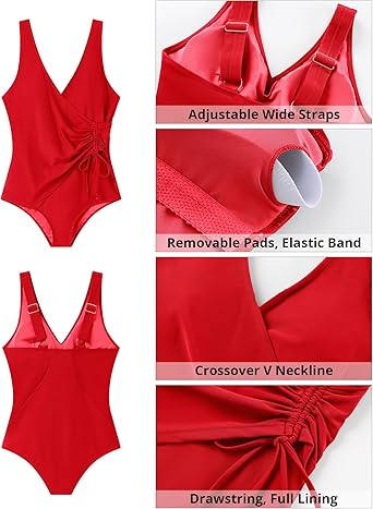 GRAPENT StrapCore One Piece Swimsuit Women V Neck Side Ruched Padded Cute Modest Bathing Suits Swimsuits Beach Vacation Swimwear
