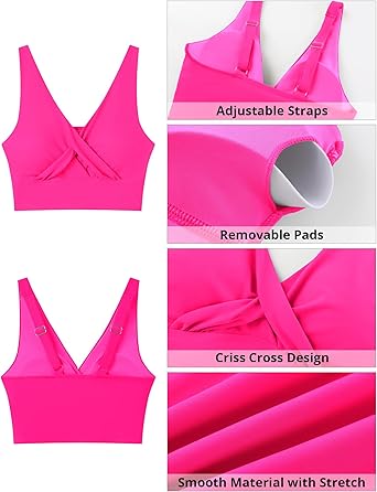 GRAPENT StrapCore Bikini Top for Women Cropped Tankini Tops Beach Vacation Criss Cross Ruched Padded Bathing Suit Swim Top Only