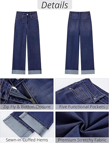 GRAPENT Wide Leg Jeans for Women Trendy High Waisted Cuffed Hem Stretchy Denim Trousers Pants Work Casual Jeans