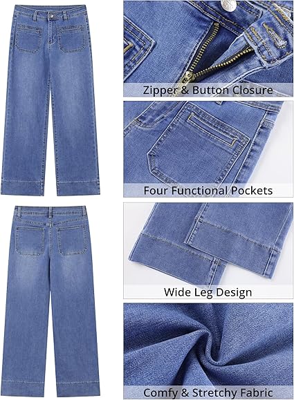 GRAPENT Wide Leg Jeans Woman Trendy High Waisted Patch Pocket Stretchy Denim Pants Vintage Casual Trouser Jeans
