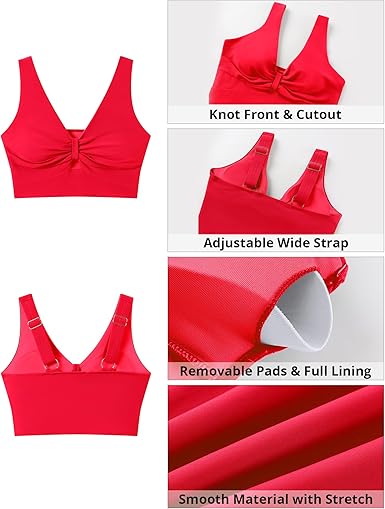 GRAPENT StrapCore Bikini Tops for Women Cropped Tankini Tops Beach Ruched Knot Cut Out Padded Adjustable Swimwear Swim Top Only