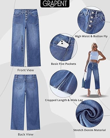 GRAPENT Wide Leg Jeans for Women Cropped Trendy High Waisted Button Fly Loose Straight Leg Stretchy Denim Trouser Jeans