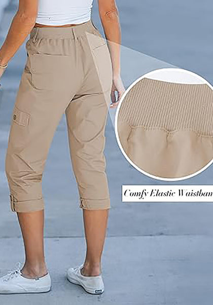 GRAPENT Cargo Capri Pants for Women High Waisted Relaxed Fit Elastic Knit Waist Casual Capris Trousers Cropped Pants