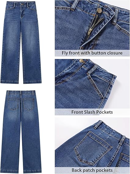 GRAPENT Wide Leg Jeans Woman High Waisted Trendy Stretchy Denim Pants Classic Trouser Jeans with Slash Pockets