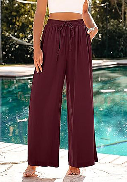 GRAPENT Wide Leg Pants Woman Linen High Waisted Pull On Flowy Casual Baggy Drawstring Palazzo Trousers Pants Resort Wear