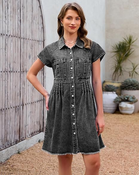 GRAPENT Denim Dresses for Women Short Sleeve Babydoll Pleated Raw Hem Distressed Casual Western Jean Dress with Pockets