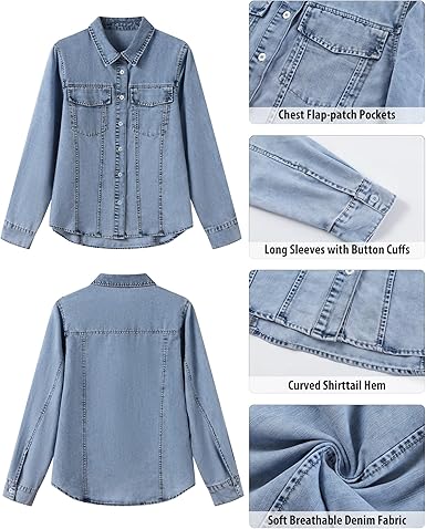 GRAPENT Women's Shirt Rugged Button Down Loose Durable Classic Fitted Denim Blouse Top
