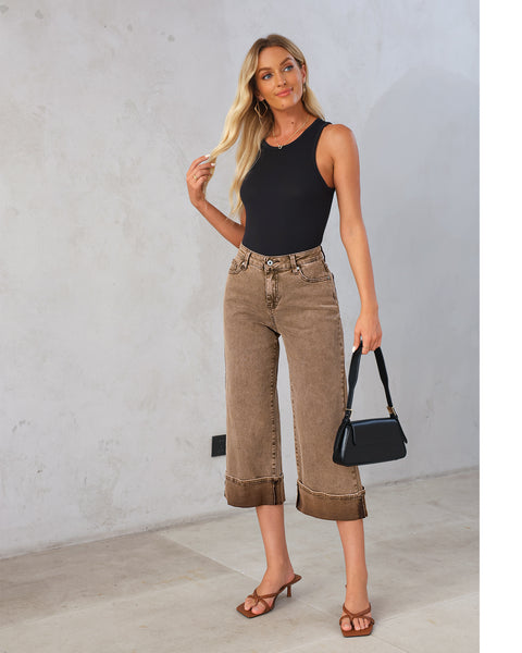 GRAPENT Wide Leg Jeans for Women High Waisted Stretchy Denim Capri Pants Fold Hem Cropped Baggy Capris Jeans with Pocket