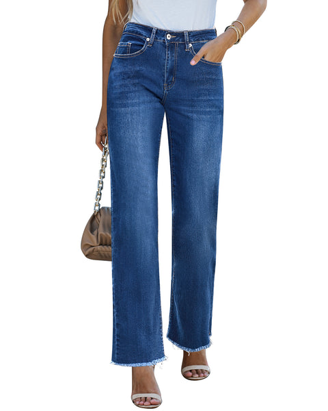 GRAPENT Straight Leg Jeans for Women High Waisted Stretchy Frayed Raw Hem Loose Denim Pants Casual Baggy Jean Trousers