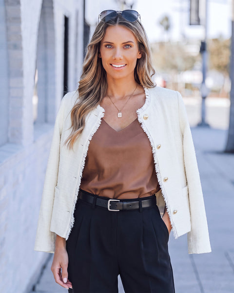 GRAPENT Tweed Blazers for Women Dressy Casual Collarless Work Suit Jackets Textured Tweed, Long Sleeve, Round Neck, Frayed Trim, Casual Blazer Jackets with Shoulder Pads, Business Casual, Office Wear