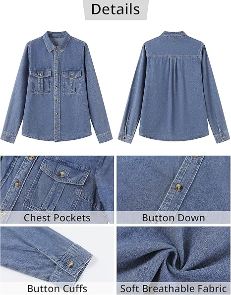 Grapent Women's Supima Cotton Wrinkle-free Relaxed Fit  Button Shirt Workwear-inspired Denim Shirt