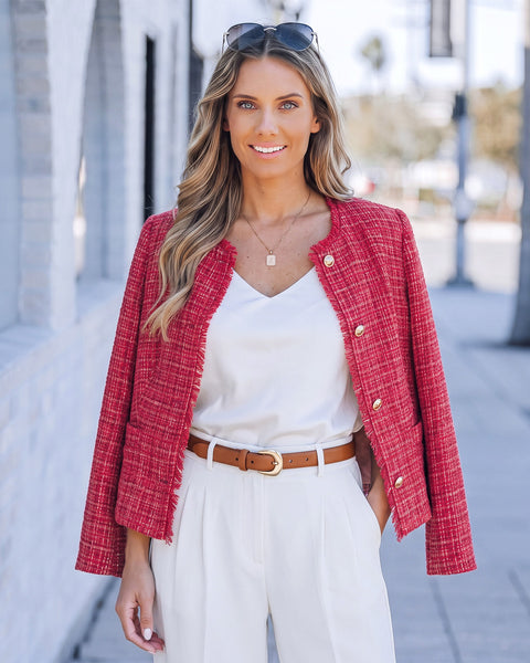 GRAPENT Tweed Blazers for Women Dressy Casual Collarless Work Suit Jackets Textured Tweed, Long Sleeve, Round Neck, Frayed Trim, Casual Blazer Jackets with Shoulder Pads, Business Casual, Office Wear