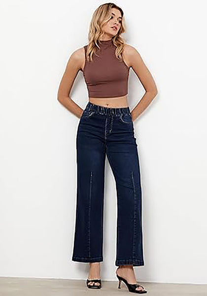 GRAPENT Pull On Womens Jeans Baggy Stretchy High Waisted Denim Wide Leg Trouser Pants Trendy Front Seam 90s Loose Jean