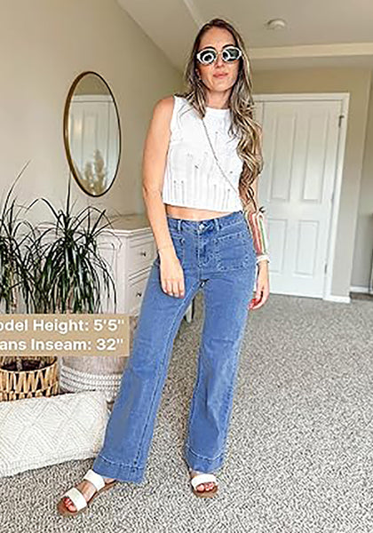 GRAPENT Women's Full Length Stretch Denim Regular Jeans High Waisted Bell Bottom