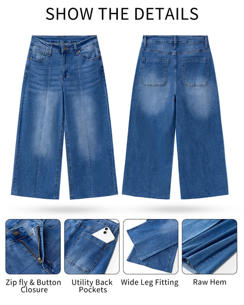 GRAPENT Jean Capris for Women Wide Leg Jeans High Waisted Seamed Front Raw Hem Denim Capri Pants Stretchy