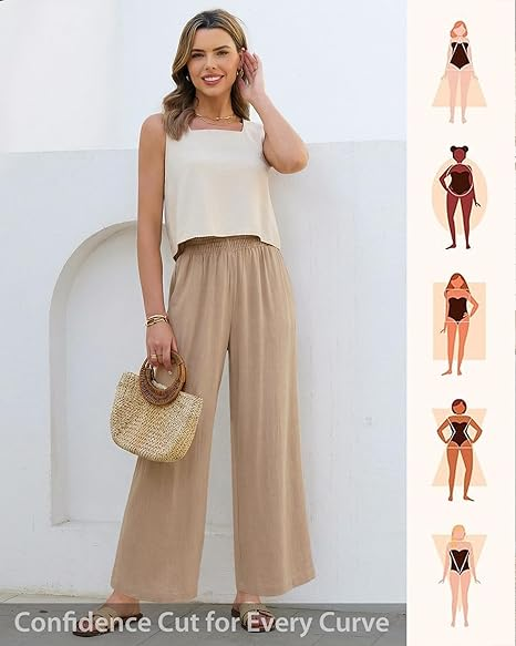 GRAPENT Linen Pants for Women Wide Leg High Waisted Paper Bag Smocked Waist Casual Summer Beach Vacation Palazzo Pants