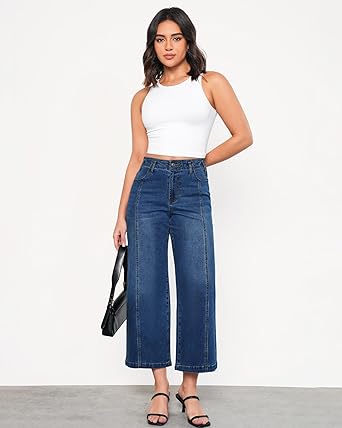 GRAPENT Wide Leg Jeans Woman Trendy Cropped High Waisted Front Seam Casual Stretchy Denim Trouser Jeans with Pockets