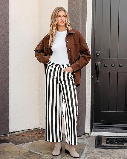 GRAPENT Women Jeans Striped Wide Leg High Waisted Trendy Stretchy Denim Pants Cute Casual Trouser Jeans with Pockets